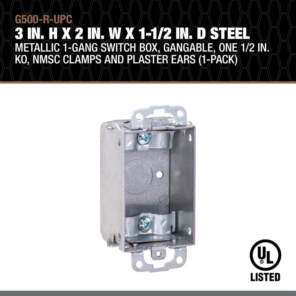 Southwire 3 in. H x 2 in. W x 1-1/2 in. D Steel Metallic 1-Gang Switch Box, One 1/2 in. KO, NMSC Clamps and Plaster Ears, 1-Pack