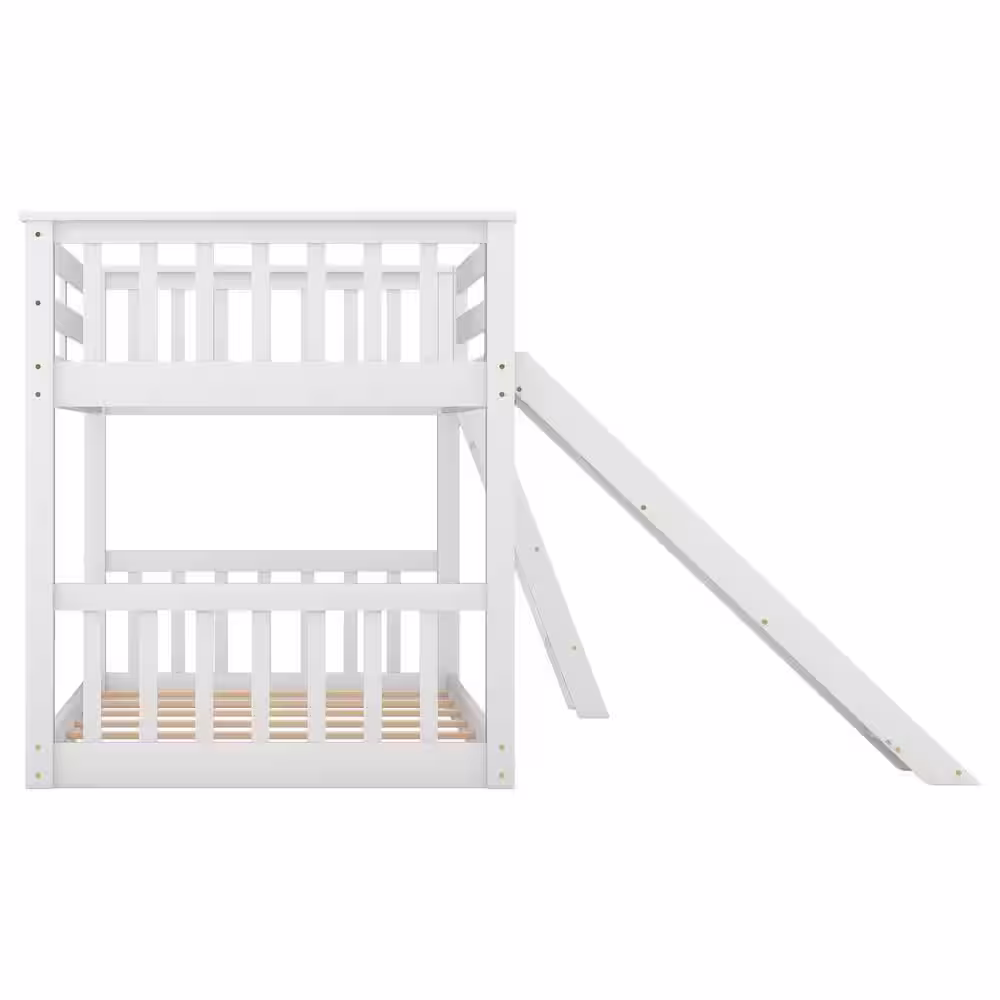 Harper & Bright Designs White Solid Wood Twin Over Twin Bunk Bed with Slide and Ladder