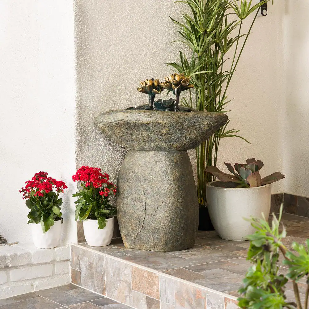 Alpine Corporation 30 in. Tall Outdoor Pedestal Lotus Rock Waterfall Fountain with LED Lights