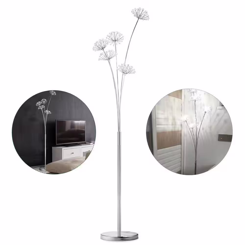 None 11 in. Silver Modern Integrated LED Living Room Floor Lamp with Crystal Dandelion Shade