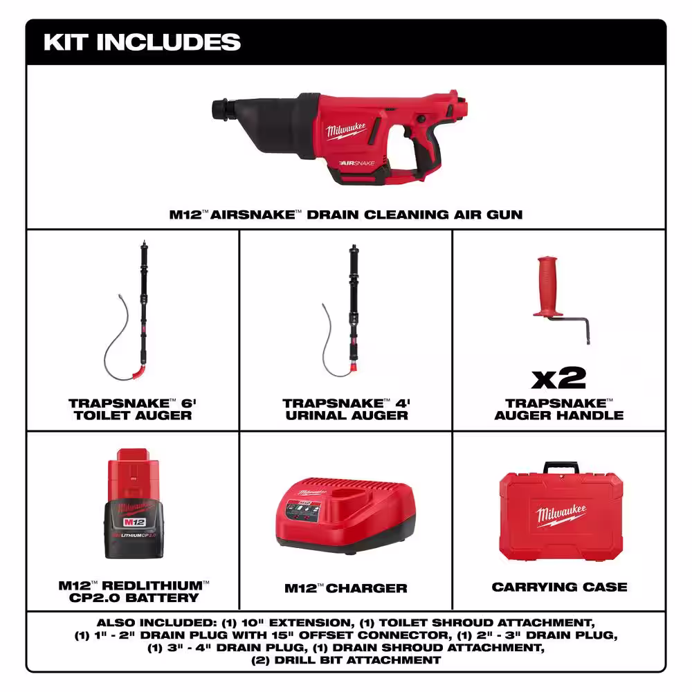 Milwaukee M12 12-Volt Lithium-Ion Cordless Drain Cleaning Airsnake Air Gun Kit, 6 ft. Toilet Auger and 4 ft. Urinal Auger