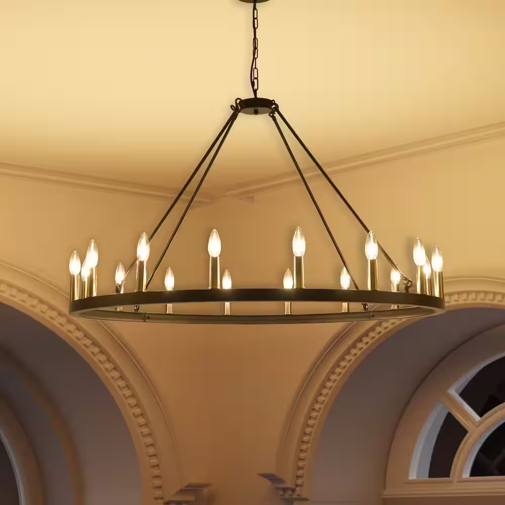 Magic Home Lagre Wagon 16-Light Farmhouse Round Wheel Chandelier Dining Room Pendant Light,Black and Gold