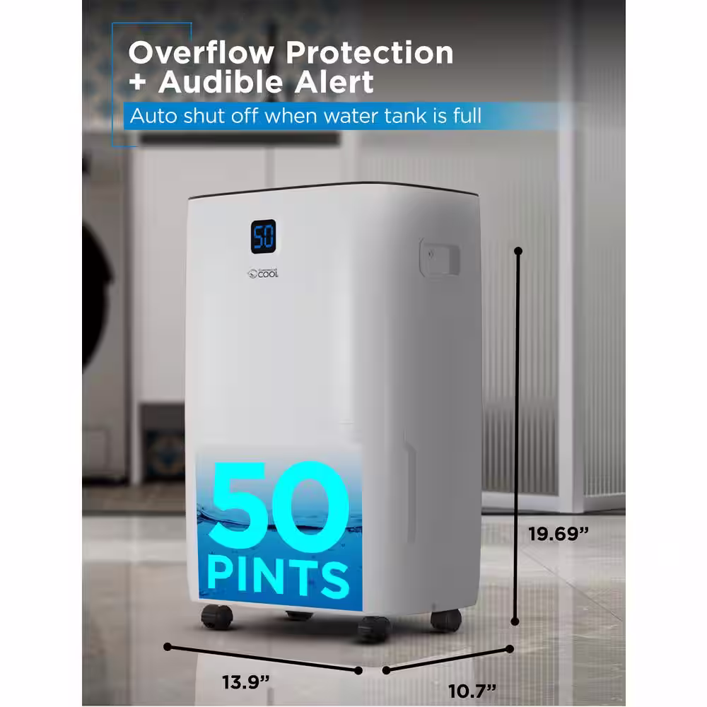 Commercial Cool Moisture removal capacity 50 Pt. 4500 sq.ft. with Front Bucket Dehumidifier in. white with Continuous Drainage