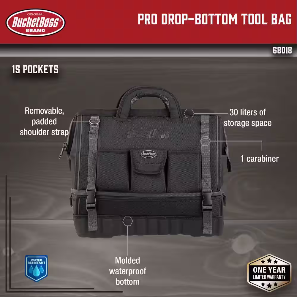 BUCKET BOSS Pro Drop Bottom 18 in. All Terrain Tool Bag with 14 Pockets
