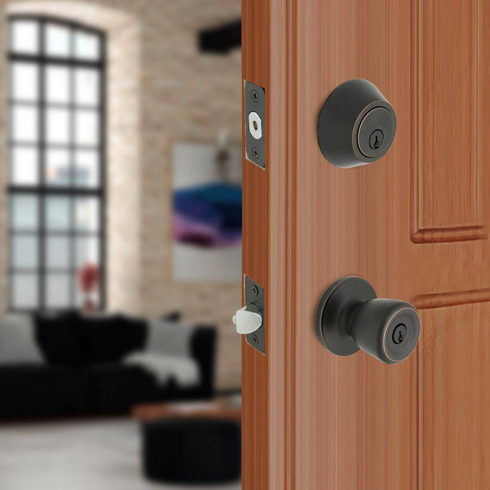 Defiant Simple Series Bell Aged Bronze Keyed Entry Door Knob with Single Cylinder Deadbolt Combo Pack