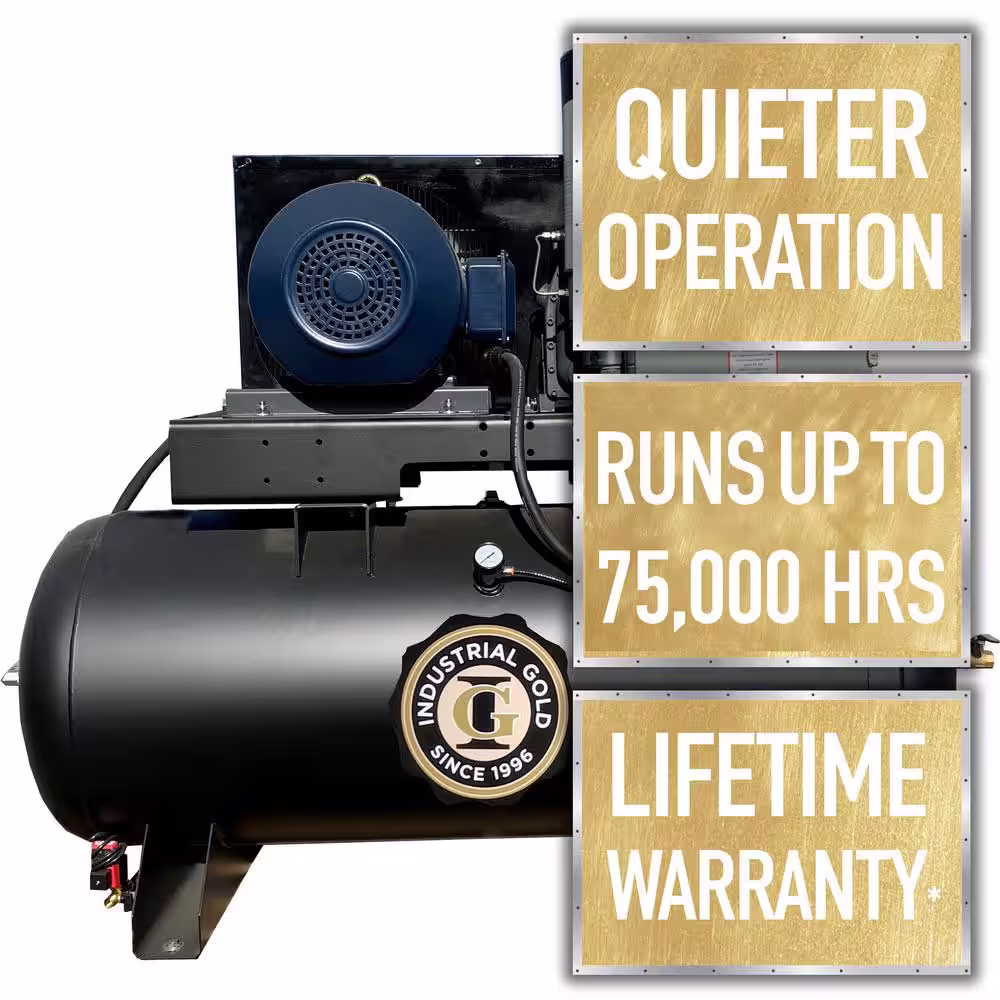 None Industrial Gold 120 Gal. 30 HP Rotary Screw 3-Phase Low RPM 150 PSI Electric Air Compressor with Quiet Operation