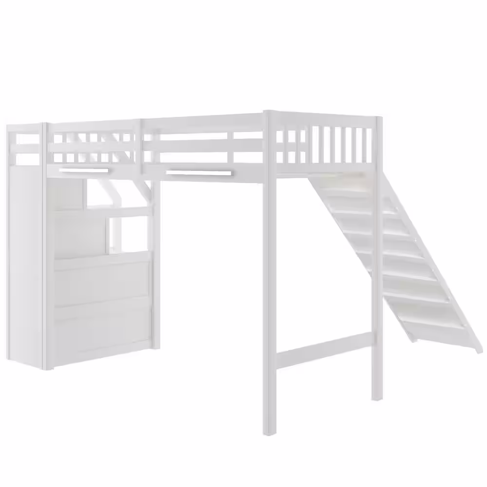 Harper & Bright Designs White Twin Size Wood Loft Bed with Storage and Slide