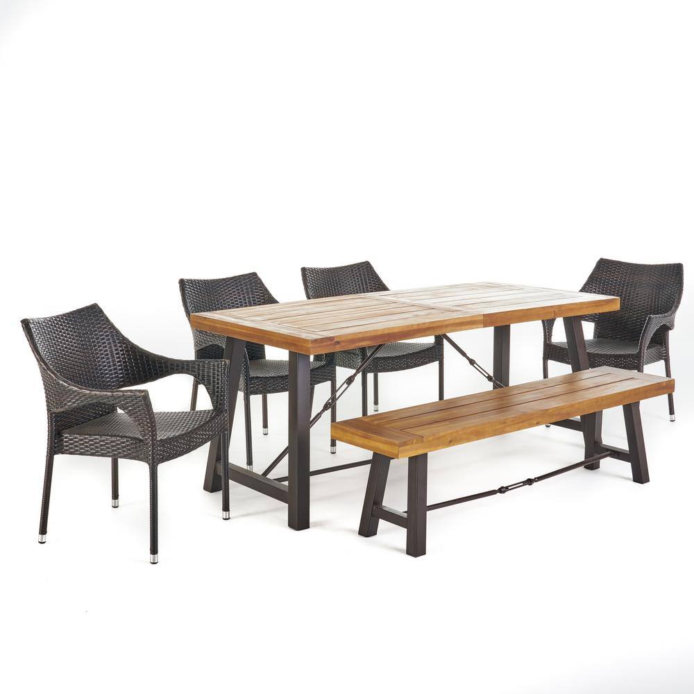 Noble House Aloha Multi-Brown 6-Piece Faux Rattan Outdoor Dining Set