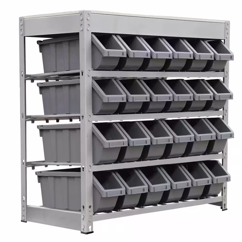 None Gray 4-Tier Botless Bin Storage System Garage Storage Rack (24 Plastic Bins in 4 Tier)