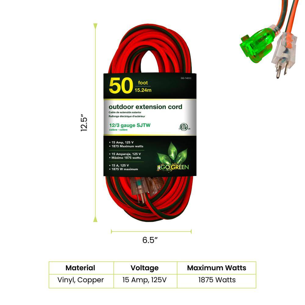 GoGreen Power 50 ft. 12/3 SJTW Extension Cord - Orange with Lighted Green End