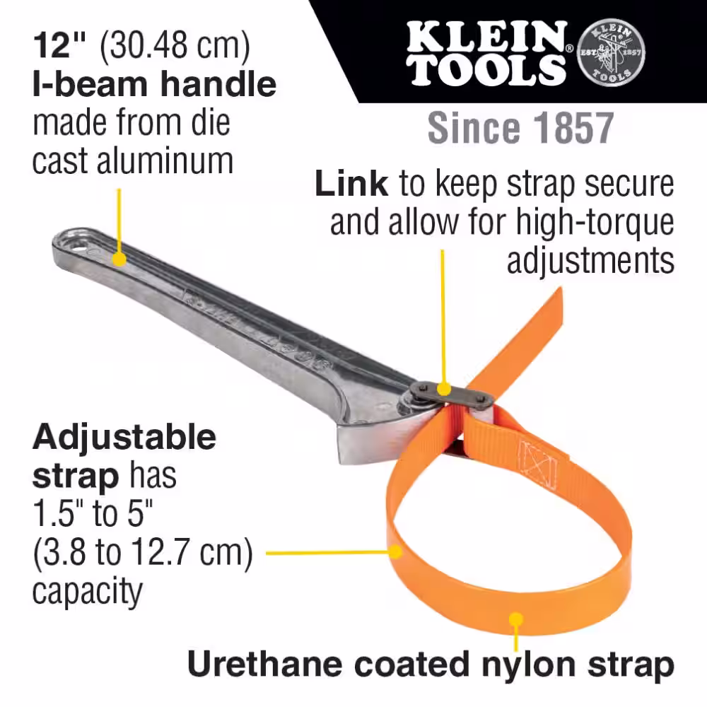 Klein Tools 1-1/2 in. to 5 in., 12 in. Grip-It Strap Wrench, Handle