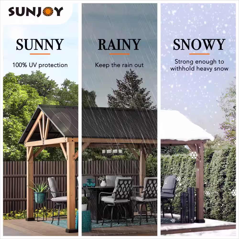 Sunjoy Bellagio Outdoor Patio 11 ft. x 13 ft. Wooden Frame Gable Roof Backyard Hardtop Gazebo Pavilion with Ceiling Hook