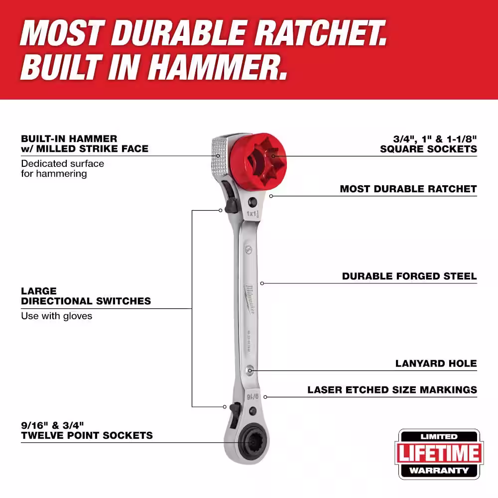 Milwaukee Lineman's 5 in1 Ratcheting Wrench with Milled Strike Face