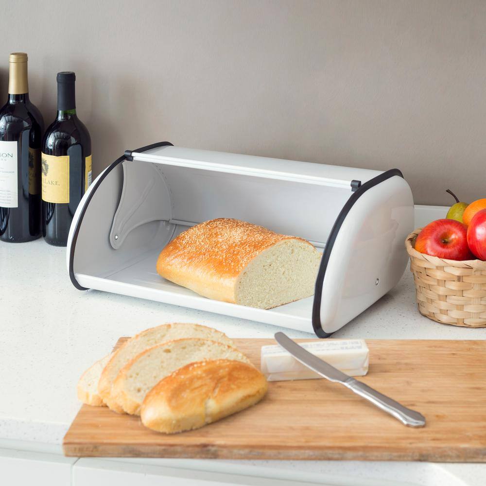 Home Basics White Roll Up Lid Stainless Steel Bread Storage Box