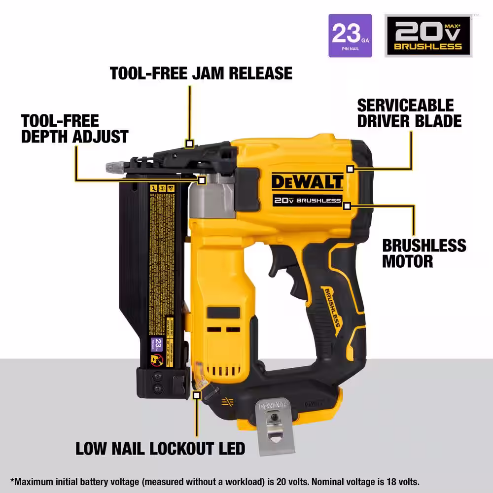 DEWALT ATOMIC 20V MAX Lithium Ion Cordless 23 Gauge Pin Nailer  Tool Only  and 1 1/2 in. x 23 Gauge Pin Nails  2000 Pieces