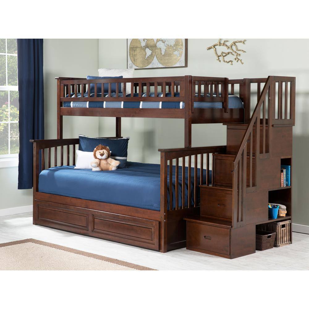 AFI Columbia Staircase Bunk Bed Twin over Full with Twin Size Raised Panel Trundle Bed in Walnut
