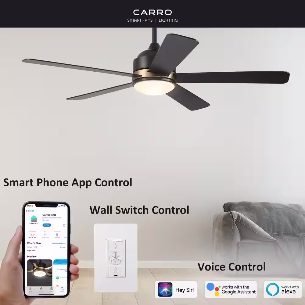 CARRO Soran 52 in. Integrated LED Indoor Black Smart Ceiling Fan with Light Kit and Wall Control, Works with Alexa/Google Home