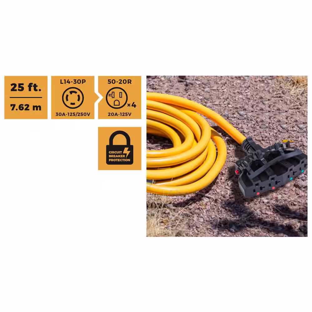 FIRMAN 25 ft. 125-Volt 30 Amp L14-30P to Four 20 Amp 5-20R Fan-Style Generator Power Extension Cord with Storage Strap