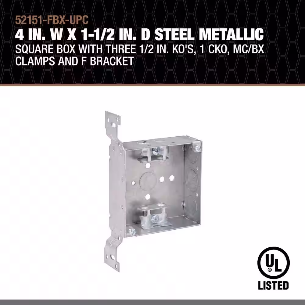 Southwire 4 in. W x 1-1/2 in. D Steel Metallic Square Box with Three 1/2 in. KO's, 1 CKO, MC/BX Clamps and F Bracket