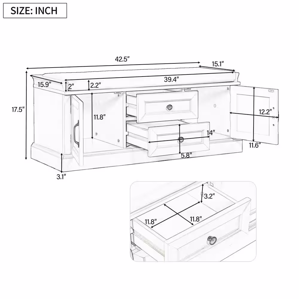 Harper & Bright Designs Entryway Blue Storage Bench with 2-Drawers and 2-Cabinets 17.5 in. H x 42.9 in. W x 15.9 in. D