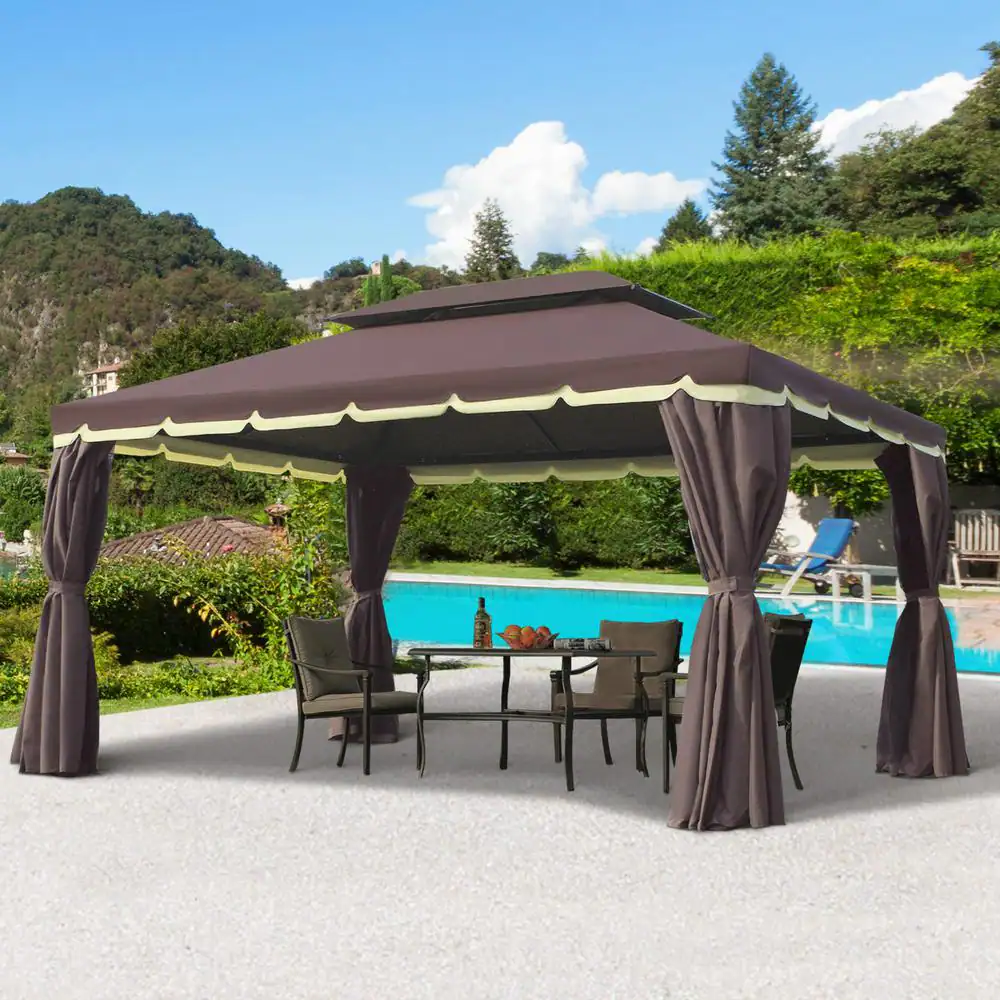 Outsunny 10 ft. x 13 ft. Coffee Aluminum Frame Soft Top Outdoor Patio Gazebo with Polyester Curtains and Air Venting Screens