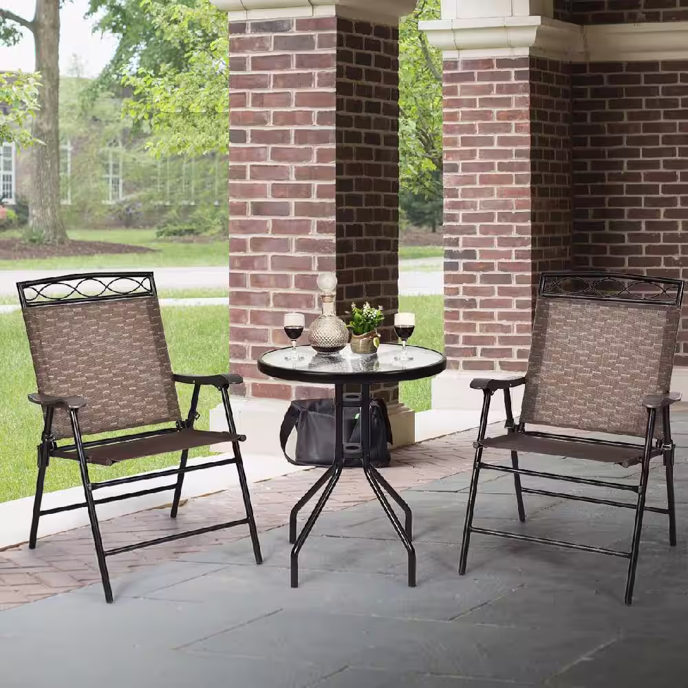 Costway Black 3-Piece Metal Round Outdoor Bistro Set Patio Pub Dining Set with 2 Folding Chairs & Glass Table