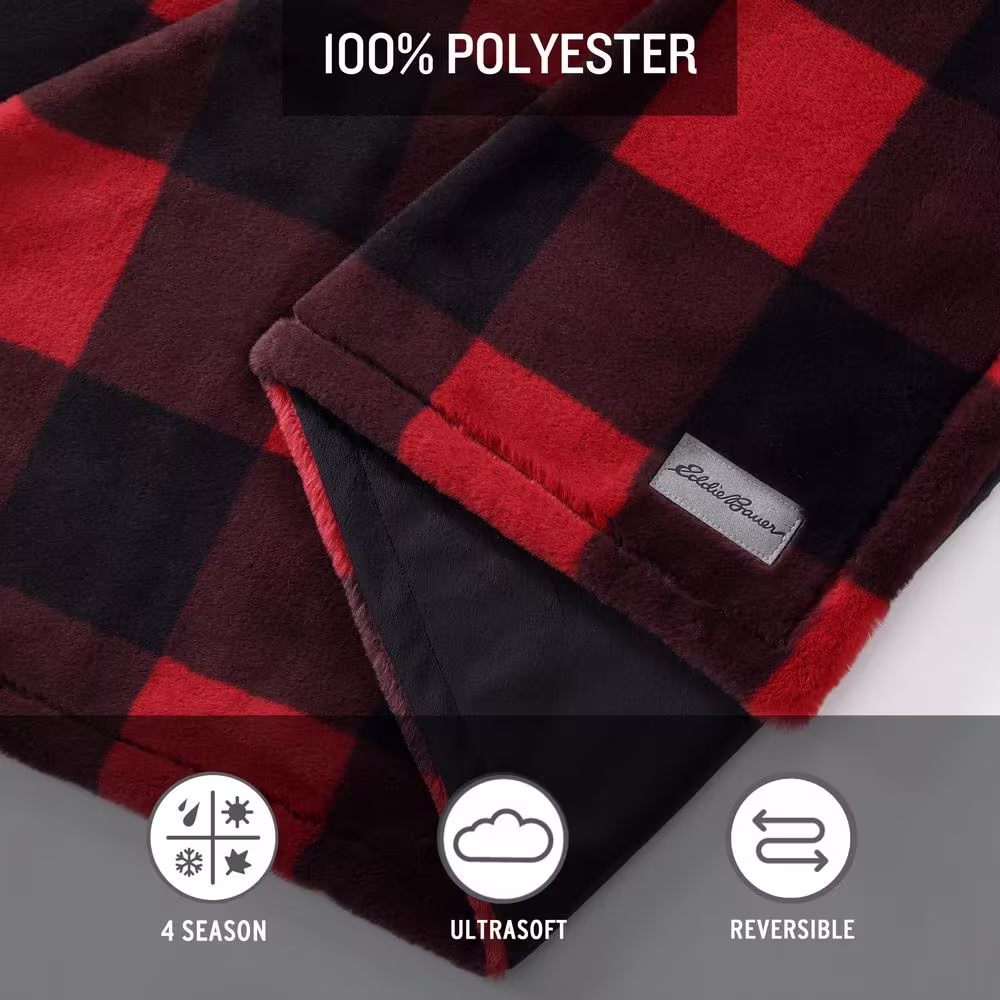 EDDIE BAUER Cabin Plaid Faux Fur Red Microfiber Throw Blanket