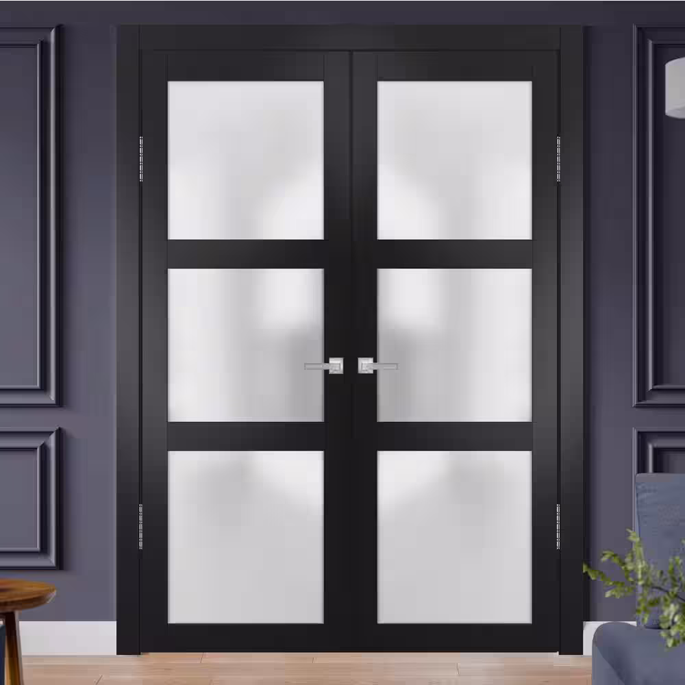 Sartodoors 2552 72 in. x 96 in. Universal Handling Frosted Glass Solid Core Black Finished Pine Wood Interior Door Slab