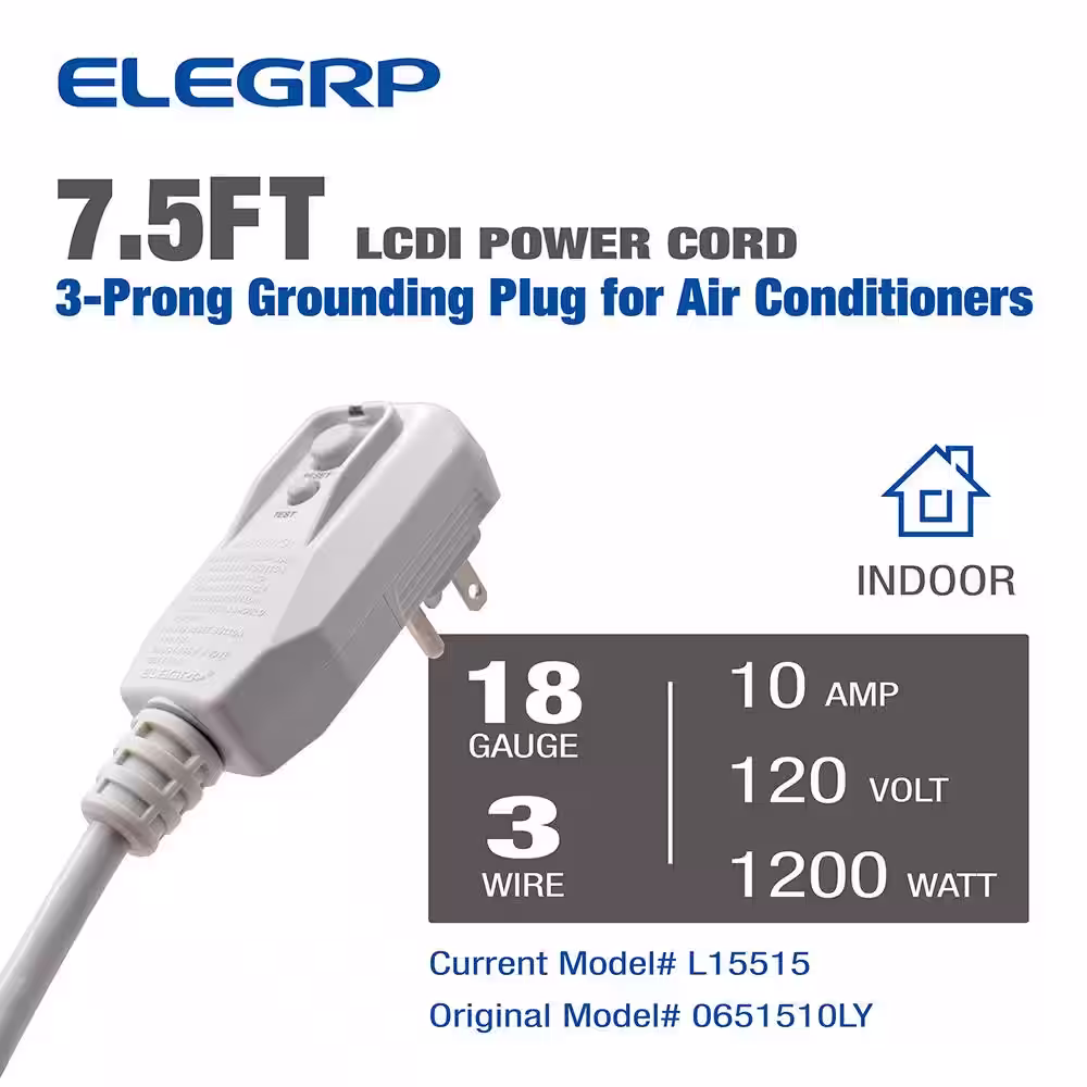 ELEGRP 7.5ft. 120V 10Amp 1200W LCDI Power Cord Plug for Air Conditioner,Leakage Current Detection Interrupter Replacement, Gray