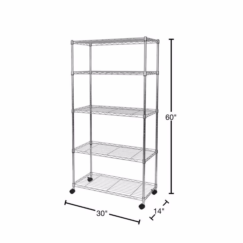 Seville Classics Silver 5-Tier Steel Wire Shelving Unit with Wheels (30 in. W x 60 in. H x 14 in. D)