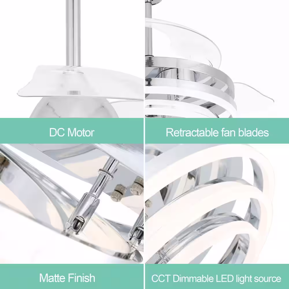 Oaks Aura Wesley 42in. Indoor LED Chrome DIY Shape Retractable Ceiling Fan With Lights, 6-Speed Remote Control Ceiling Fan
