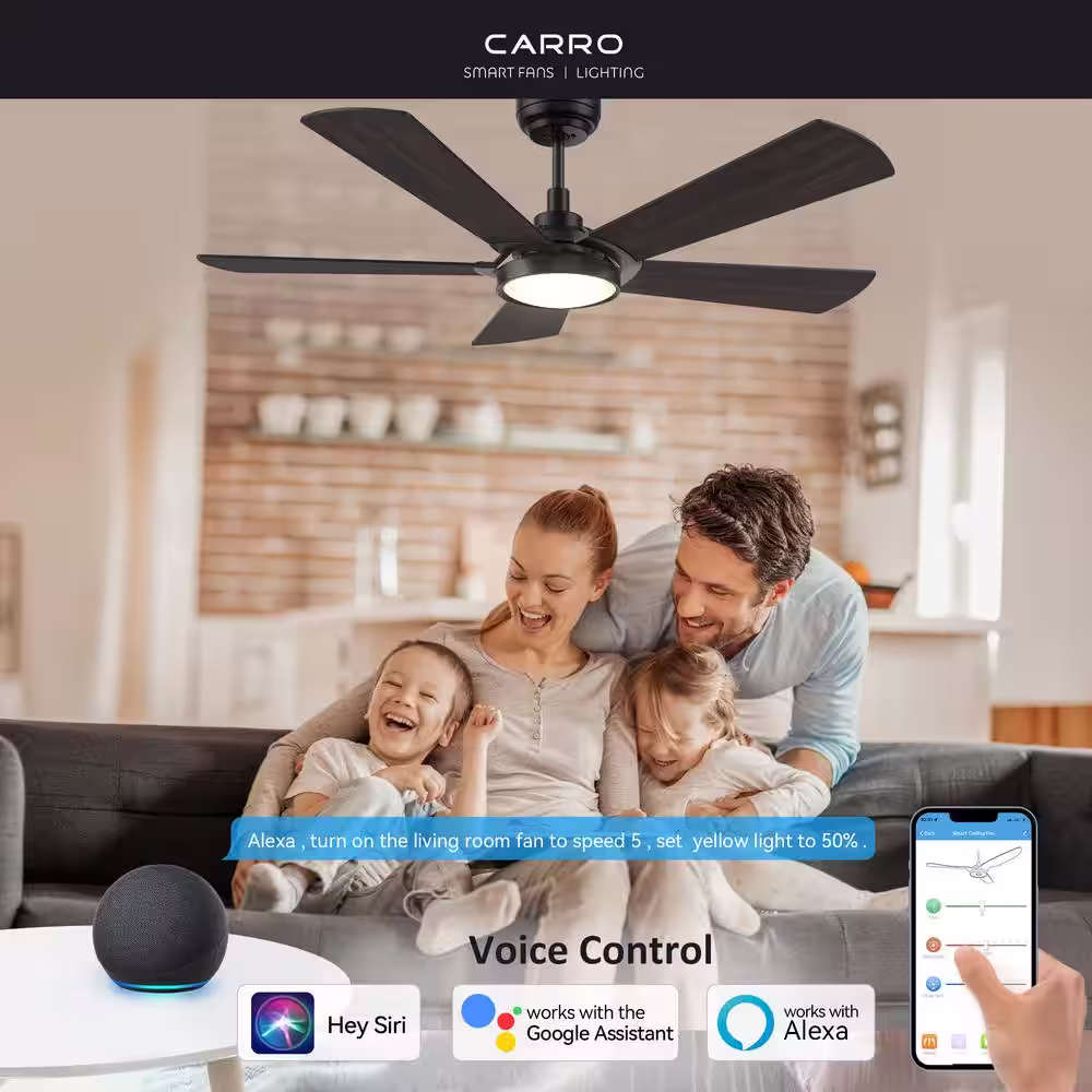 CARRO Wilkes 52 in. Dimmable LED Indoor/Outdoor Black Smart Ceiling Fan with Light and Remote, Works with Alexa/Google Home