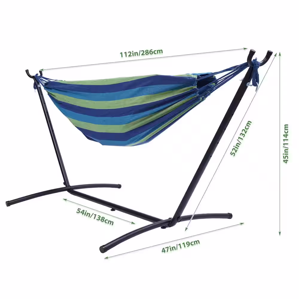None 9.3 ft. Double Classic Fabric Hammock Bed with Stand in Blue Stripes