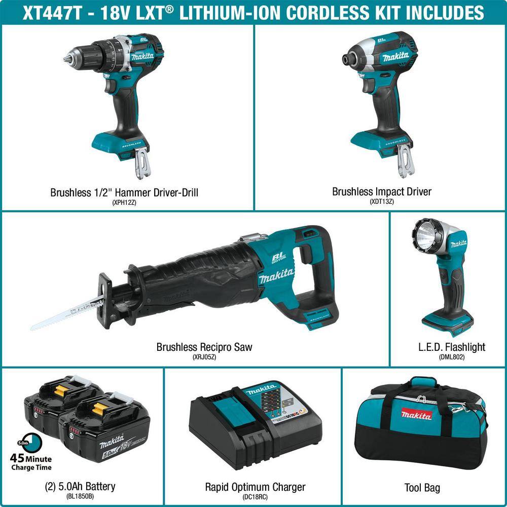 Makita 18V 4-Piece 5.0Ah LXT Lithium-Ion Brushless Cordless Combo Kit Hammer Drill/ Impact Driver/ Recipro Saw/ Flashlight