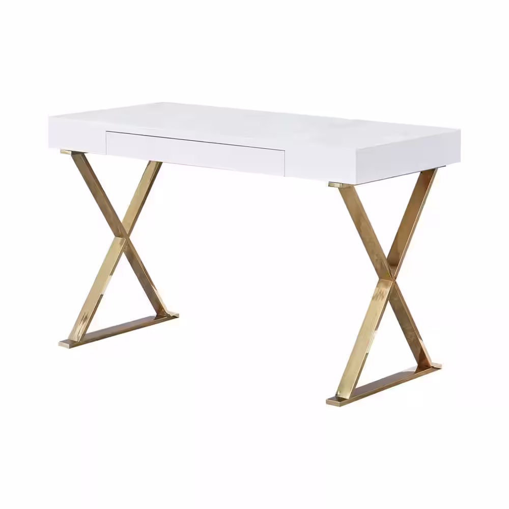 None 47 in. Rectangular White Modern Computer Desk, Gold