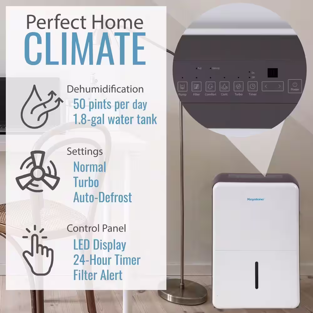 Keystone 50 pt. up to 4500 sq. ft. Dehumidifier in. White with Electronic Controls