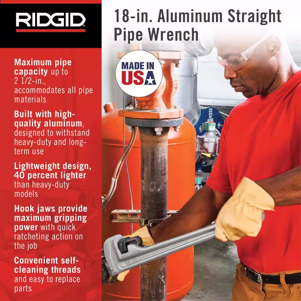 RIDGID 18 in. Aluminum Straight Pipe Wrench for Plumbing, Sturdy Plumbing Pipe Tool with Self Cleaning Threads and Hook Jaws