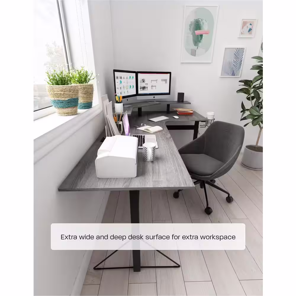 Jamesdar 78 in. L-Shaped Gray/Black Computer Gaming Desk with Shelf