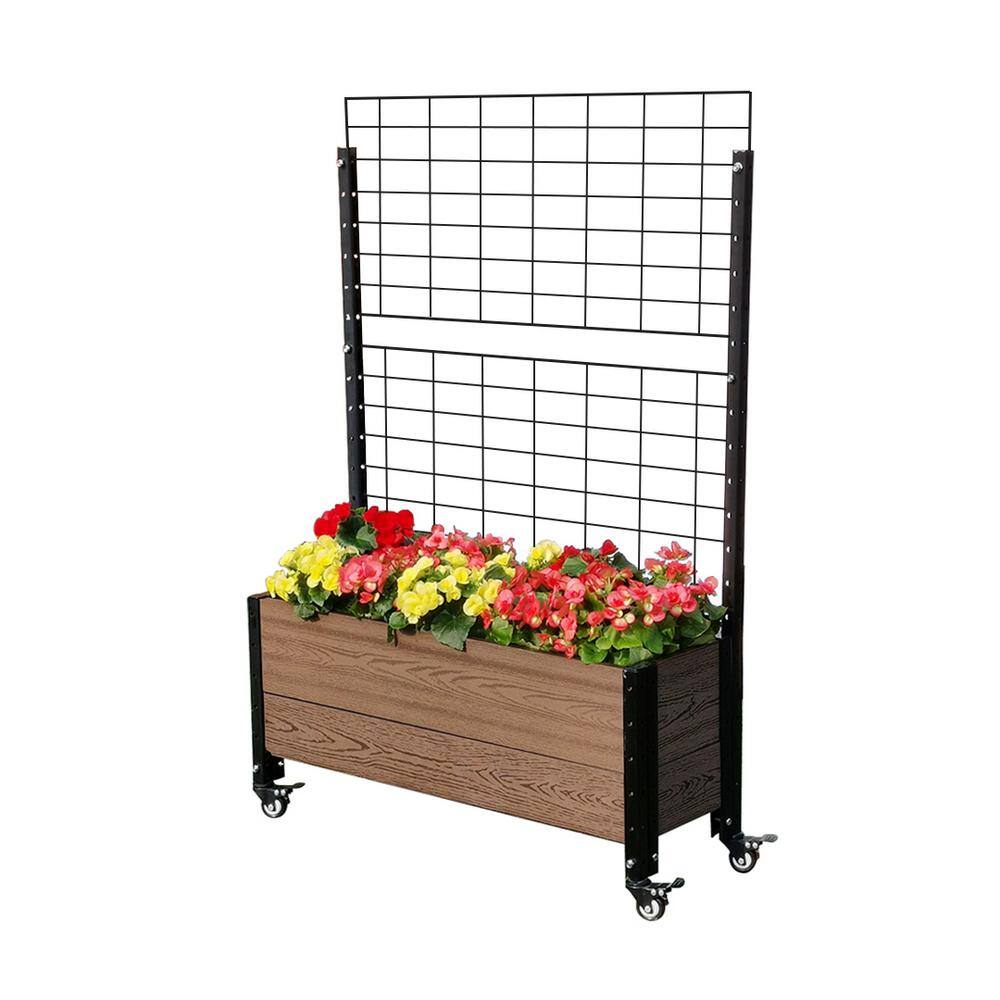 EverBloom Mobile Trough Brown Composite Board and Steel Raised Planter with Trellis