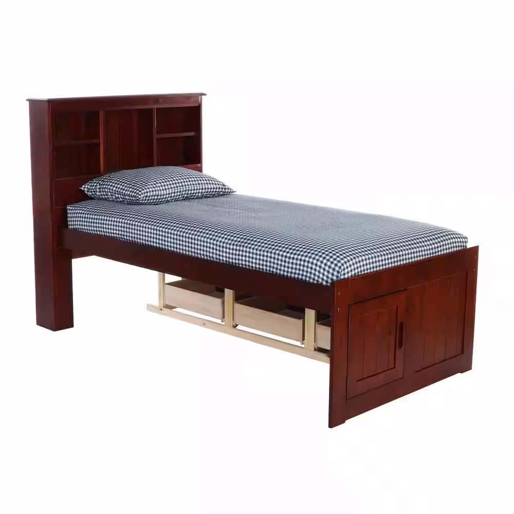 OS Home and Office Furniture Merlot Mission Brown Twin Sized Captains Bookcase Bed with 6-Drawers