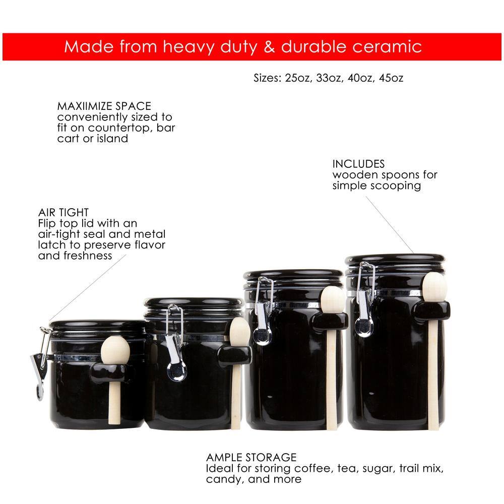 Home Basics 4-Piece Black Ceramic Canister Set with Wooden Spoons