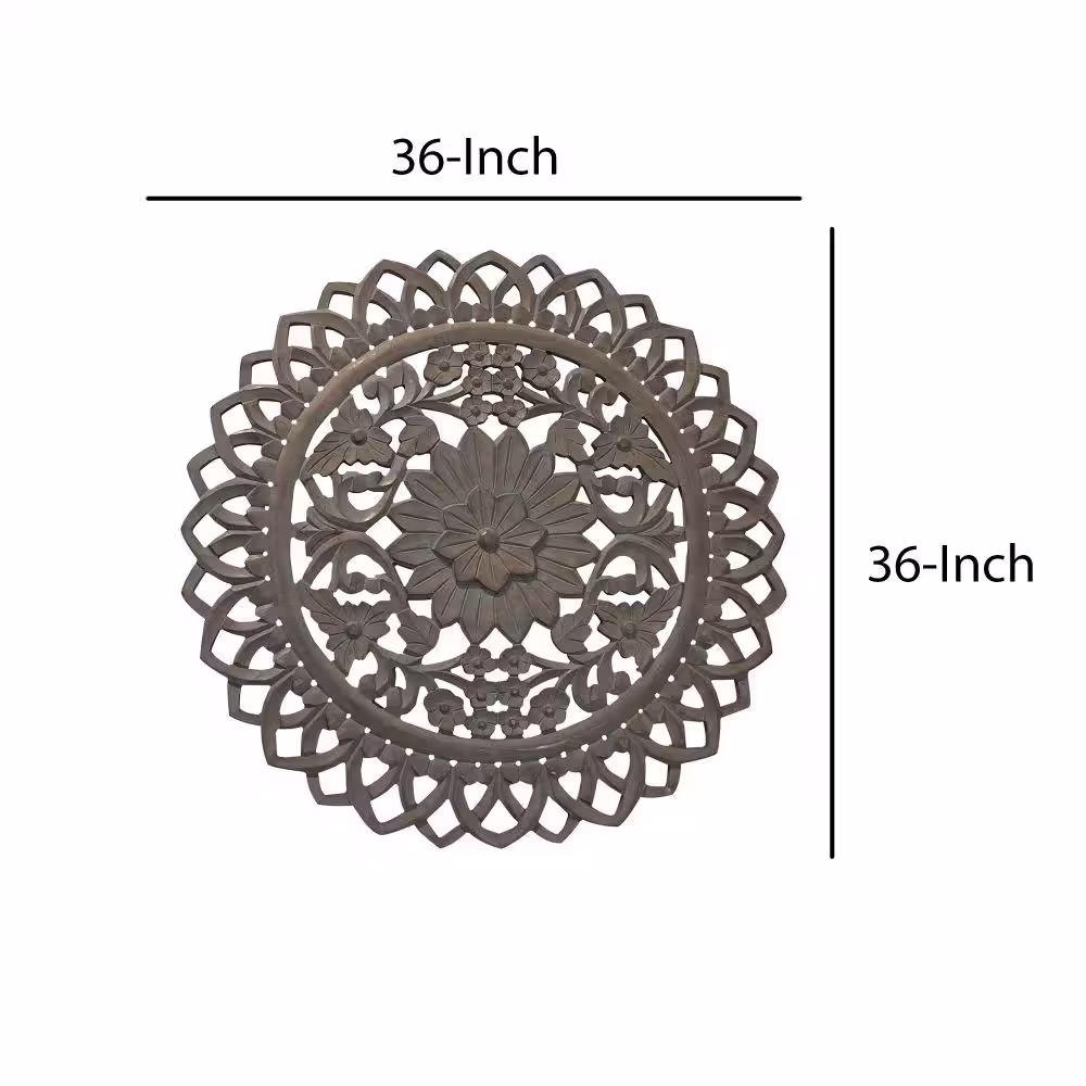 The Urban Port 36 in. Distressed Brown Handcarved Wooden Round Wall Art with Floral Carving