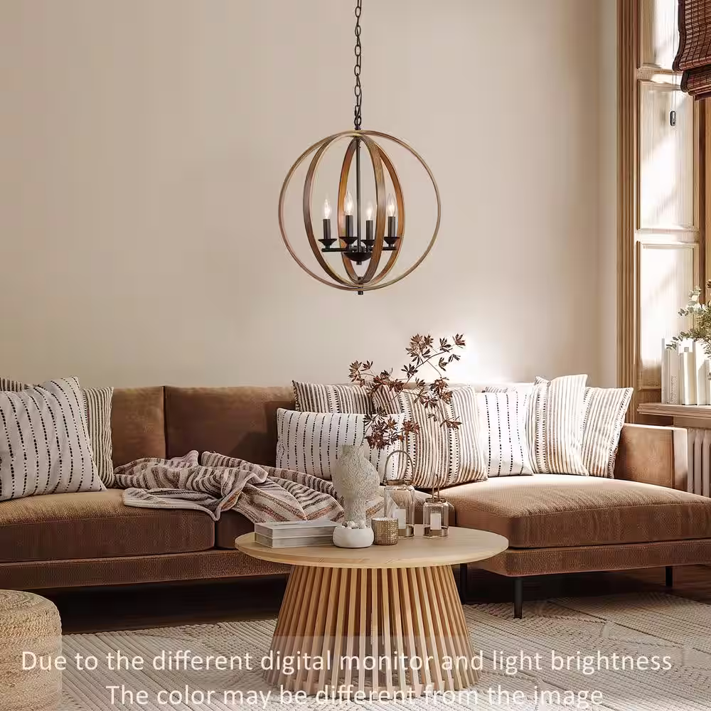 LNC Modern Farmhouse 20 in. 4-Light Black Artisan Iron Orb Chandelier with Painted Pine Wood Accents Pendant Light