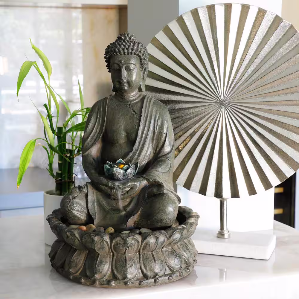 Alpine Corporation 19 in. Tall Indoor/Outdoor Tabletop Meditating Buddha with Lotus Flower Fountain with LED Light