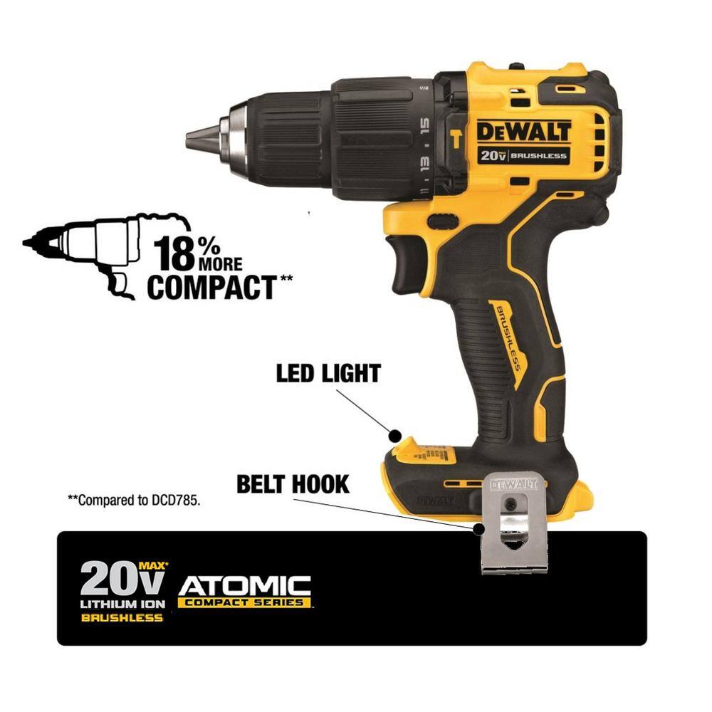 DEWALT ATOMIC 20V MAX Cordless Brushless Compact 1/2 in. Hammer Drill, (2) 20V 5.0Ah Battery, Charger, and Bag