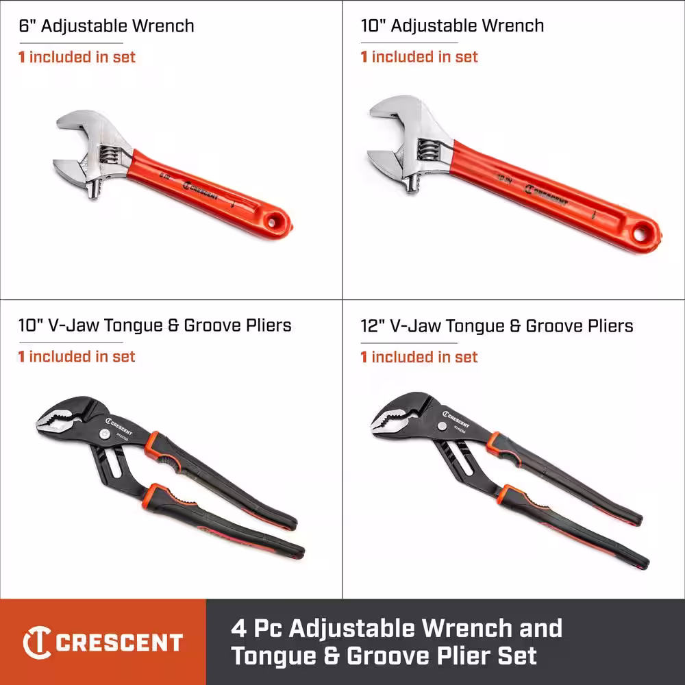 Crescent Adjustable Wrench (6 in. and 10 in.) and Tongue and Groove Plier (10 in. and 12 in.) Set (4-Piece)