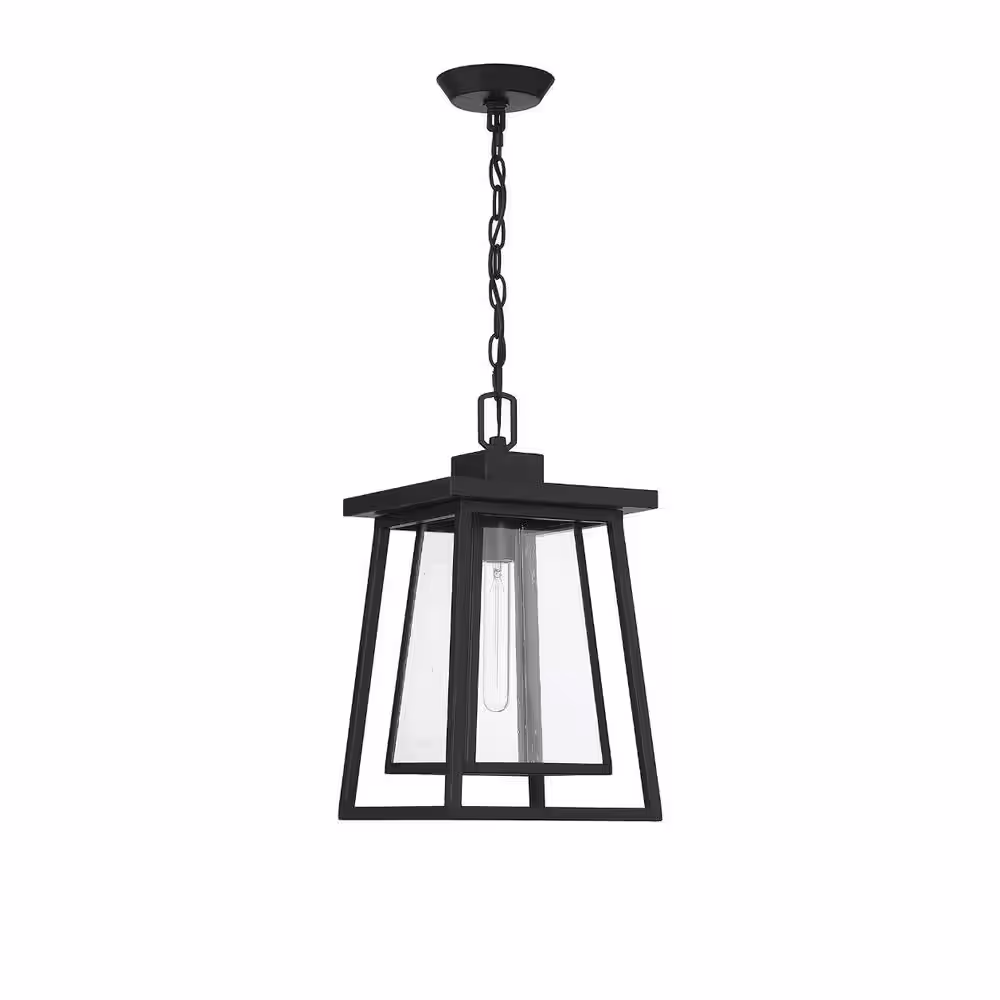 Savoy House Denver 8 in. W x 16.13 in. H 1-Light Matte Black Outdoor Pendant Light with Clear Seedy Glass