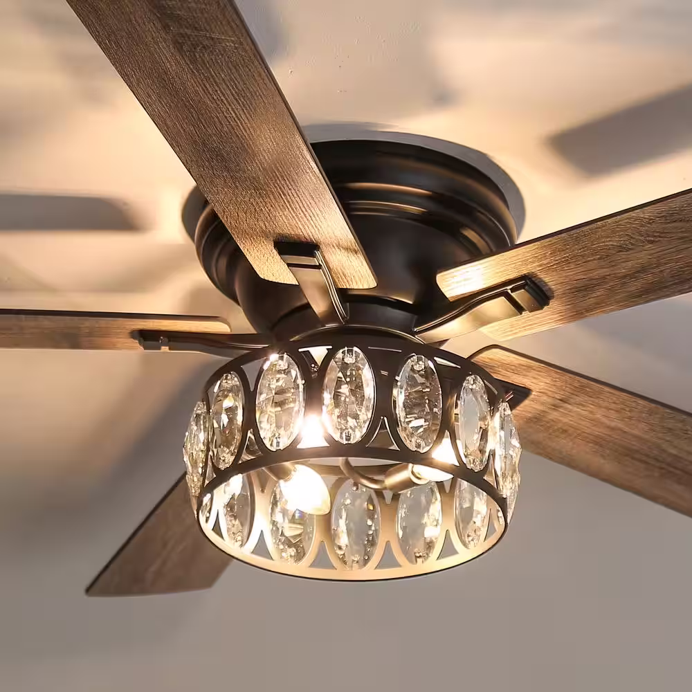 Breezary Jemore 52 in. Indoor Flush Mounted Black Crystal Ceiling Fan with Light Kit and Remote Control Included