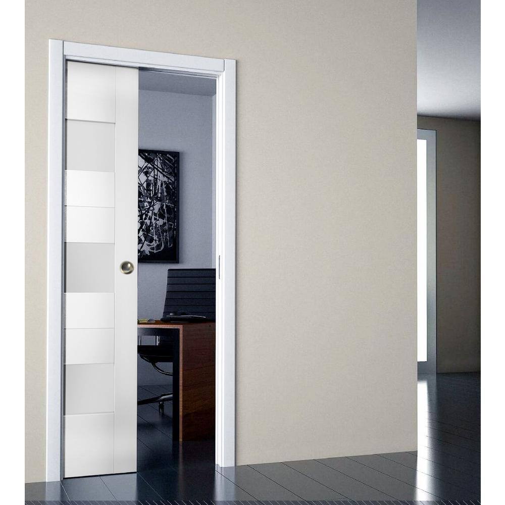 VDOMDOORS 28 in. x 80 in. 3-Panel No Bore Solid MDF Core 3-Lites Frosted Glass White Pine MDF Interior Door Slab