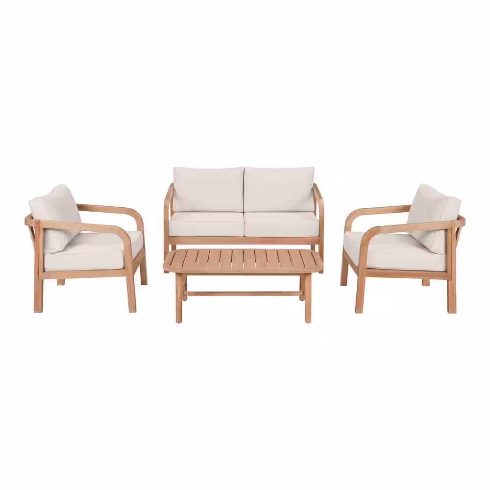 Hampton Bay Orleans 4-Piece Eucalyptus Wood Patio Conversation Set with Almond Cushions